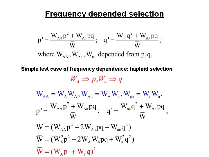Frequency depended selection Simple lest case of frequency dependence: haploid selection 