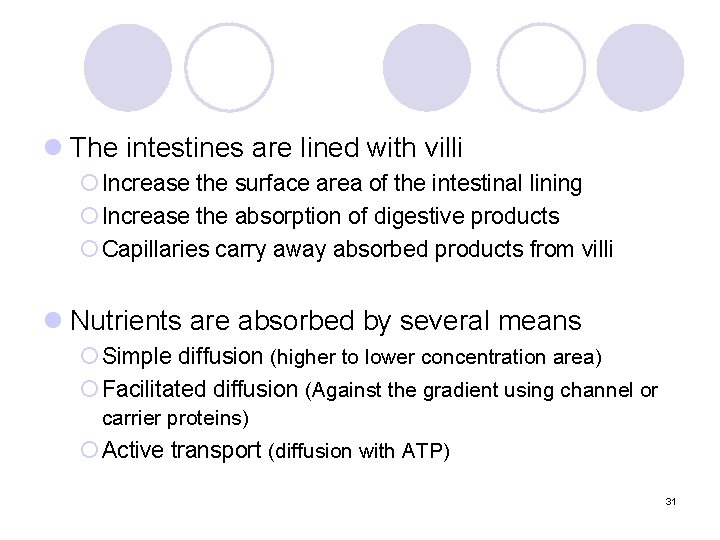 l The intestines are lined with villi ¡ Increase the surface area of the