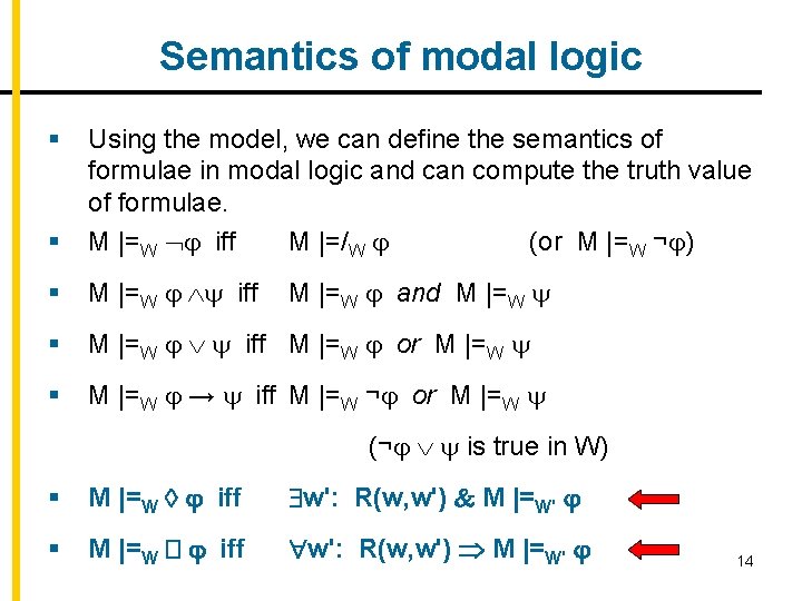 Semantics of modal logic § § Using the model, we can define the semantics
