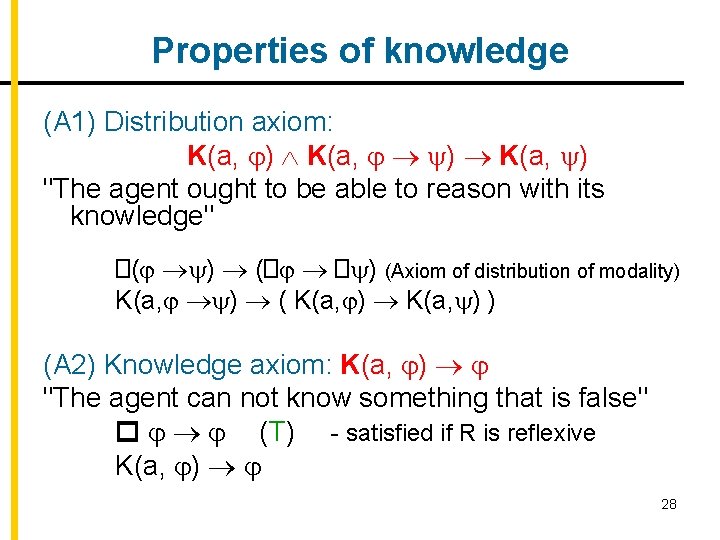 Properties of knowledge (A 1) Distribution axiom: K(a, ) "The agent ought to be