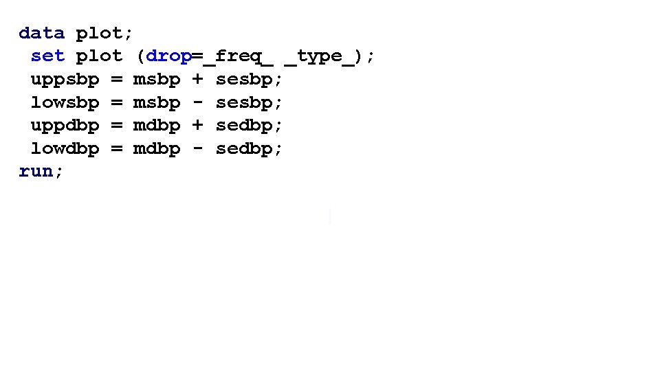 data plot; set plot (drop=_freq_ _type_); uppsbp = msbp + sesbp; lowsbp = msbp
