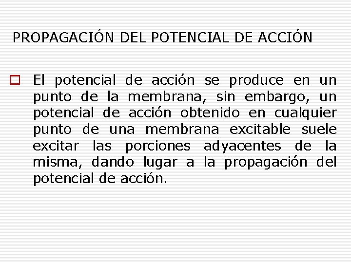 PROPAGACIÓN DEL POTENCIAL DE ACCIÓN El potencial de acción se produce en un punto