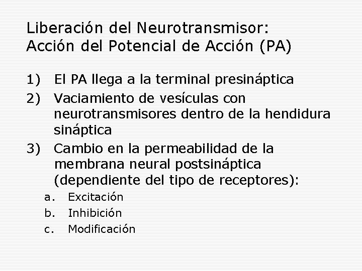 Liberación del Neurotransmisor: Acción del Potencial de Acción (PA) 1) 2) 3) El PA