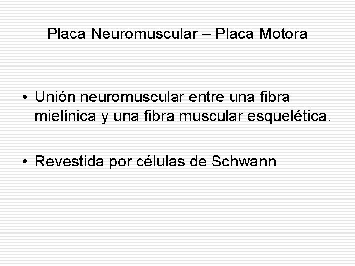 Placa Neuromuscular – Placa Motora • Unión neuromuscular entre una fibra mielínica y una