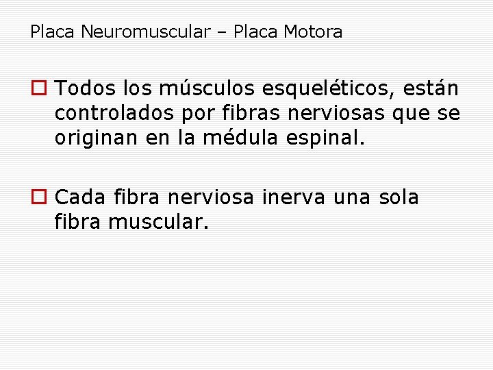Placa Neuromuscular – Placa Motora Todos los músculos esqueléticos, están controlados por fibras nerviosas