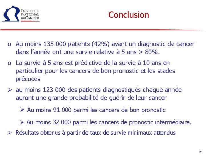 Conclusion o Au moins 135 000 patients (42%) ayant un diagnostic de cancer dans