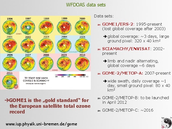 WFDOAS data sets Data sets: GOME 1/ERS-2: 1995 -present (lost global coverage after 2003)