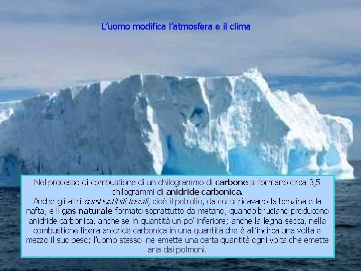 L’uomo modifica l’atmosfera e il clima Nel processo di combustione di un chilogrammo di