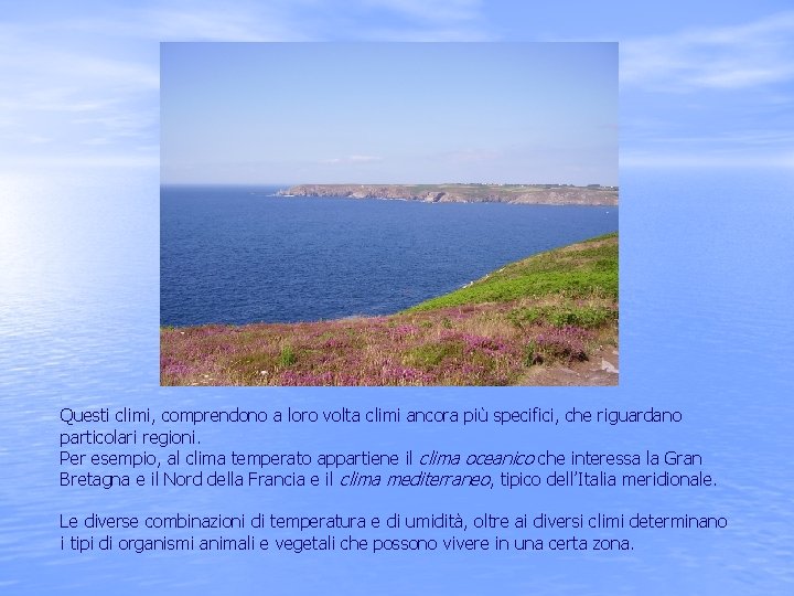 Questi climi, comprendono a loro volta climi ancora più specifici, che riguardano particolari regioni.