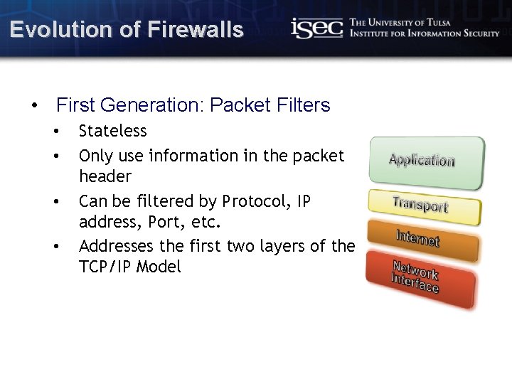 Evolution of Firewalls • First Generation: Packet Filters • • Stateless Only use information