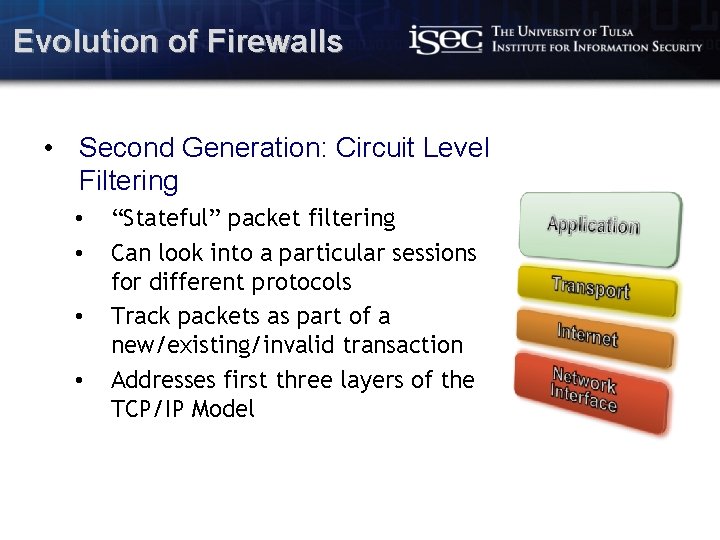 Evolution of Firewalls • Second Generation: Circuit Level Filtering • • “Stateful” packet filtering
