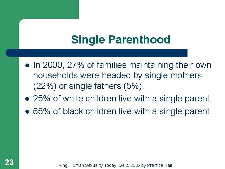 Single Parenthood l l l 23 In 2000, 27% of families maintaining their own