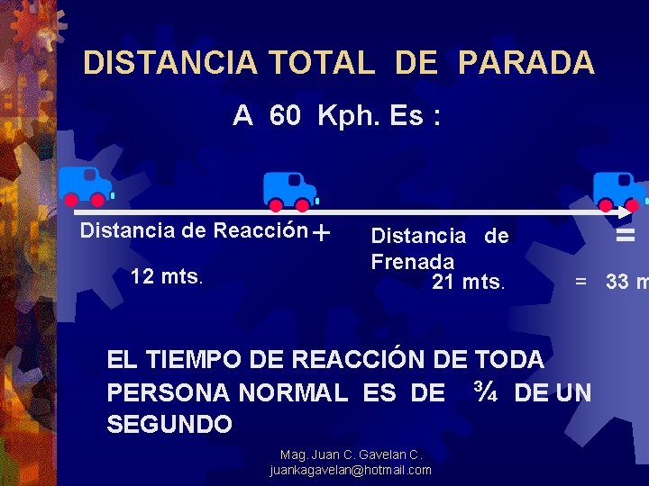 DISTANCIA TOTAL DE PARADA A 60 Kph. Es : Distancia de Reacción 12 mts.