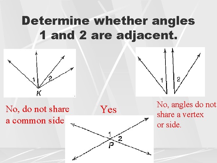 Determine whether angles 1 and 2 are adjacent. No, do not share a common