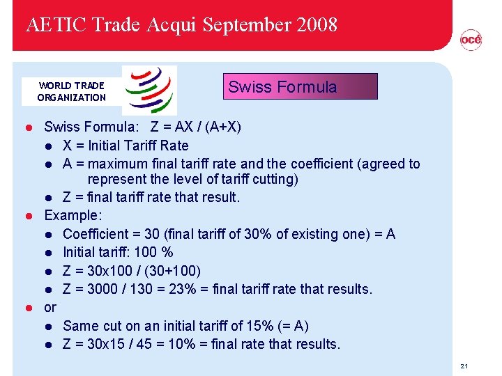 AETIC Trade Acqui September 2008 WORLD TRADE ORGANIZATION Swiss Formula: Z = AX /