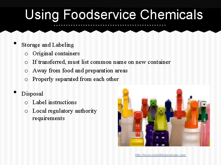 Using Foodservice Chemicals • • Storage and Labeling o Original containers o If transferred,