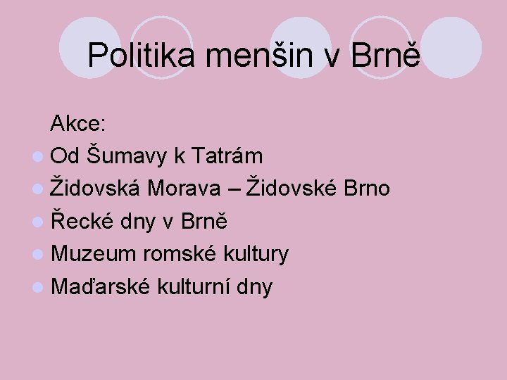 Politika menšin v Brně Akce: Od Šumavy k Tatrám Židovská Morava – Židovské Brno
