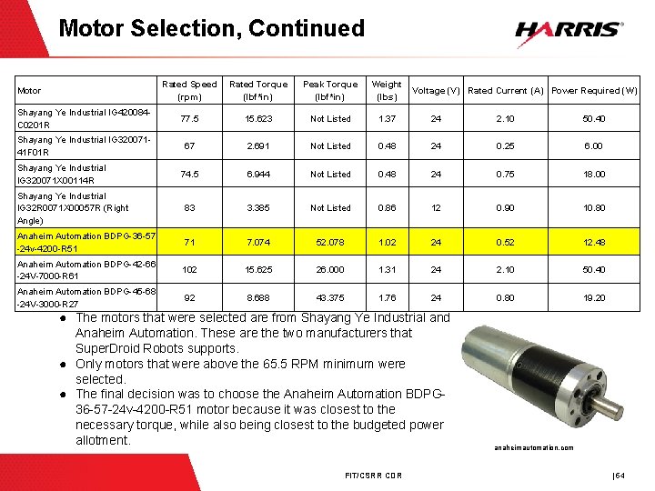 Motor Selection, Continued Rated Speed (rpm) Rated Torque (lbf*in) Peak Torque (lbf*in) Weight (lbs)