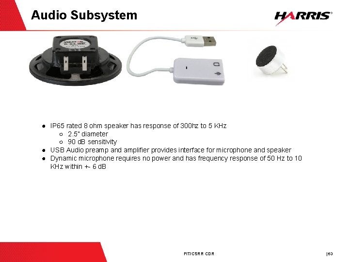 Audio Subsystem ● IP 65 rated 8 ohm speaker has response of 300 hz