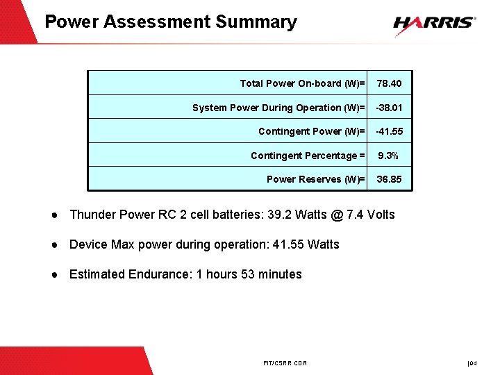 Power Assessment Summary Total Power On-board (W)= 78. 40 System Power During Operation (W)=