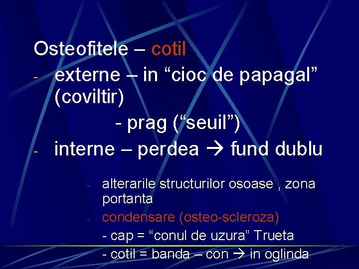 Osteofitele – cotil - externe – in “cioc de papagal” (coviltir) - prag (“seuil”)