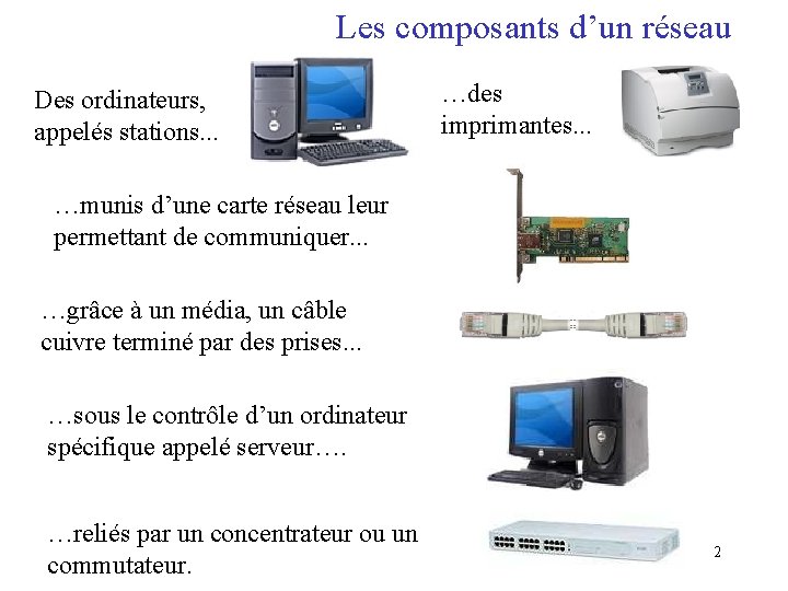 Les composants d’un réseau Des ordinateurs, appelés stations. . . …des imprimantes. . .