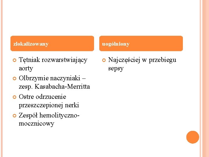 zlokalizowany uogólniony Tętniak rozwarstwiający aorty Olbrzymie naczyniaki – zesp. Kasabacha-Merritta Ostre odrzucenie przeszczepionej nerki