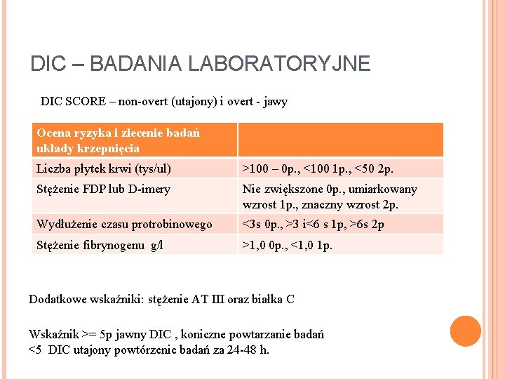 DIC – BADANIA LABORATORYJNE DIC SCORE – non-overt (utajony) i overt - jawy Ocena