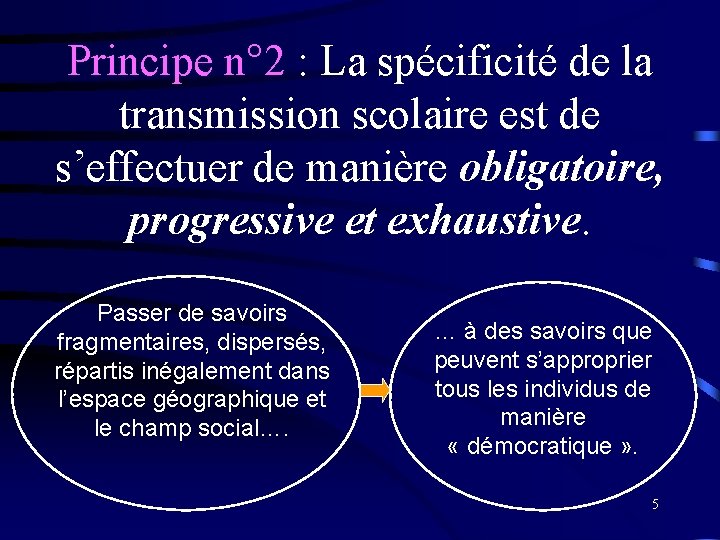 Principe n° 2 : La spécificité de la transmission scolaire est de s’effectuer de