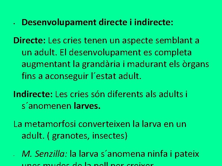 • Desenvolupament directe i indirecte: Directe: Les cries tenen un aspecte semblant a • Desenvolupament directe i indirecte: Directe: Les cries tenen un aspecte semblant a