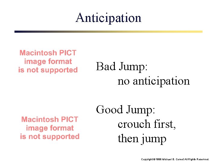 Anticipation Bad Jump: no anticipation Good Jump: crouch first, then jump Copyright © 1999