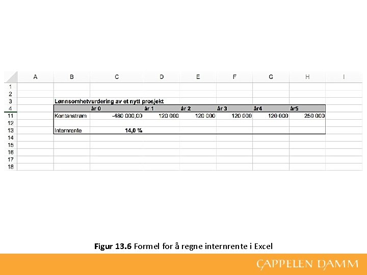 Figur 13. 6 Formel for å regne internrente i Excel 