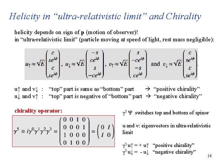 Helicity in “ultra-relativistic limit” and Chirality helicity depends on sign of p (motion of