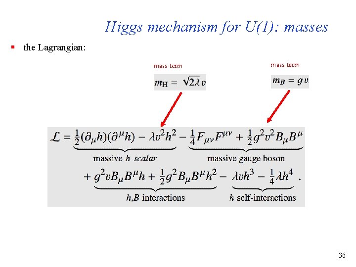 Higgs mechanism for U(1): masses § the Lagrangian: mass term 36 