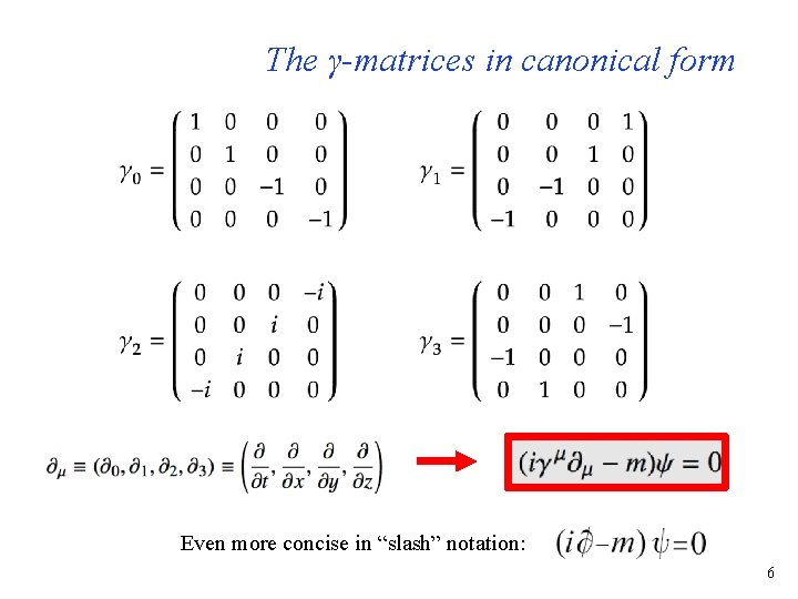 The γ-matrices in canonical form Even more concise in “slash” notation: 6 