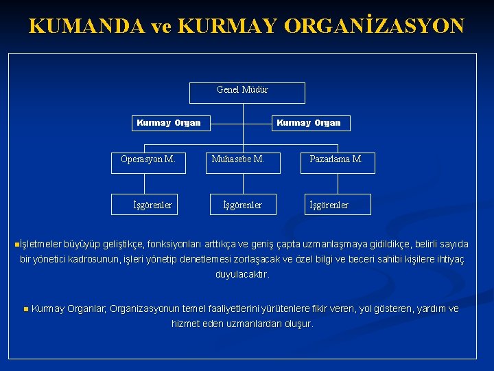 KUMANDA ve KURMAY ORGANİZASYON Genel Müdür Kurmay Organ Operasyon M. İşgörenler nİşletmeler Kurmay Organ