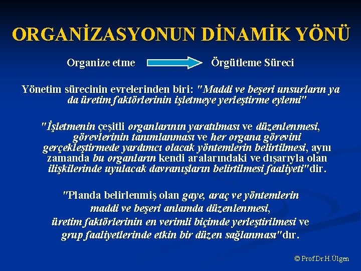 ORGANİZASYONUN DİNAMİK YÖNÜ Organize etme Örgütleme Süreci Yönetim sürecinin evrelerinden biri: "Maddi ve beşeri