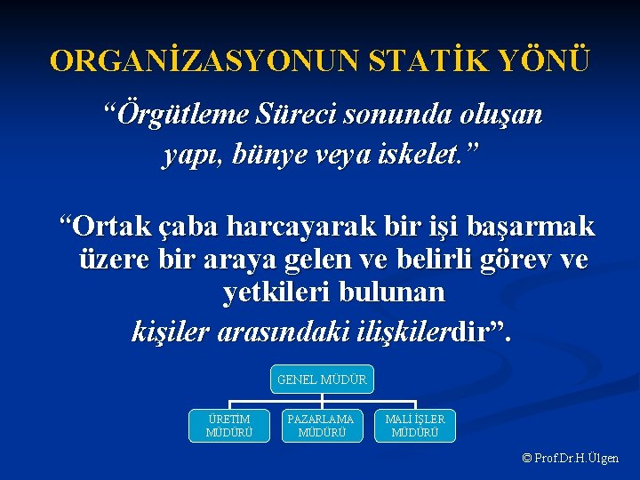 ORGANİZASYONUN STATİK YÖNÜ “Örgütleme Süreci sonunda oluşan yapı, bünye veya iskelet. ” “Ortak çaba