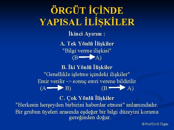 ÖRGÜT İÇİNDE YAPISAL İLİŞKİLER İkinci Ayırım : A. Tek Yönlü İlişkiler "Bilgi verme ilişkisi"