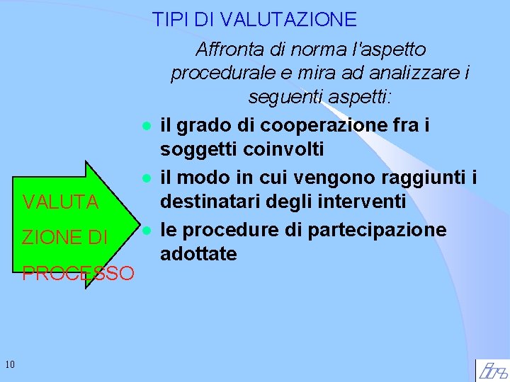 VALUTA ZIONE DI PROCESSO 10 TIPI DI VALUTAZIONE Affronta di norma l'aspetto procedurale e