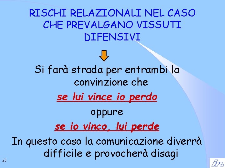 RISCHI RELAZIONALI NEL CASO CHE PREVALGANO VISSUTI DIFENSIVI 23 Si farà strada per entrambi