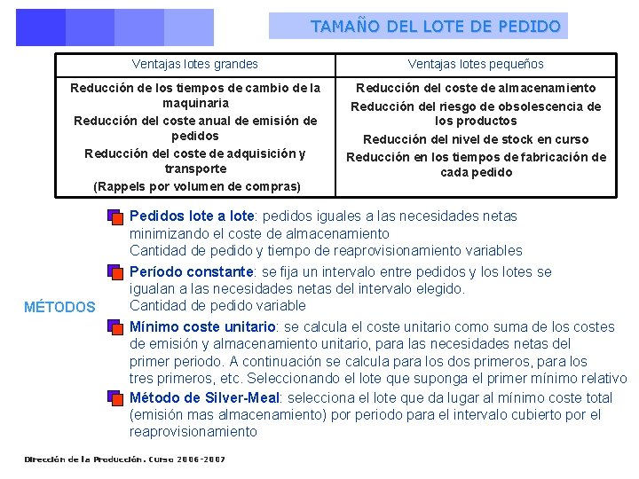 TAMAÑO DEL LOTE DE PEDIDO Ventajas lotes grandes Ventajas lotes pequeños Reducción de los