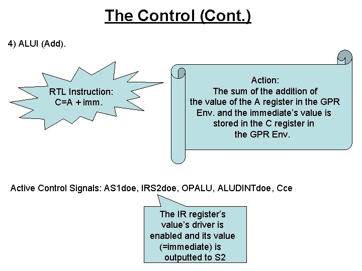 The Control (Cont. ) 4) ALUI (Add). RTL Instruction: C=A + imm. Action: The