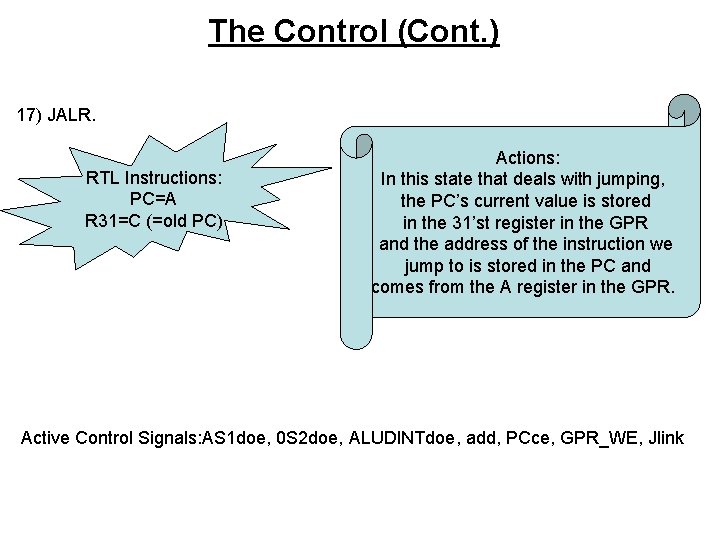 The Control (Cont. ) 17) JALR. RTL Instructions: PC=A R 31=C (=old PC) Actions: