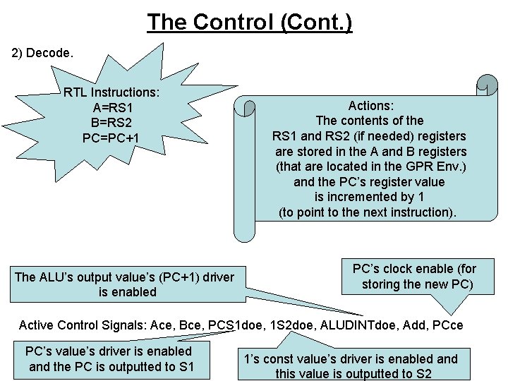 The Control (Cont. ) 2) Decode. RTL Instructions: A=RS 1 B=RS 2 PC=PC+1 The