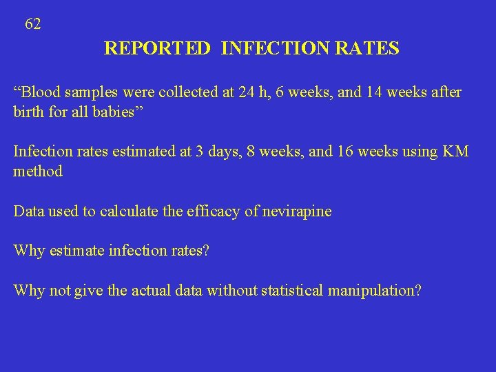 62 REPORTED INFECTION RATES “Blood samples were collected at 24 h, 6 weeks, and