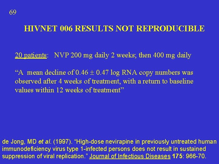 69 HIVNET 006 RESULTS NOT REPRODUCIBLE 20 patients: NVP 200 mg daily 2 weeks;