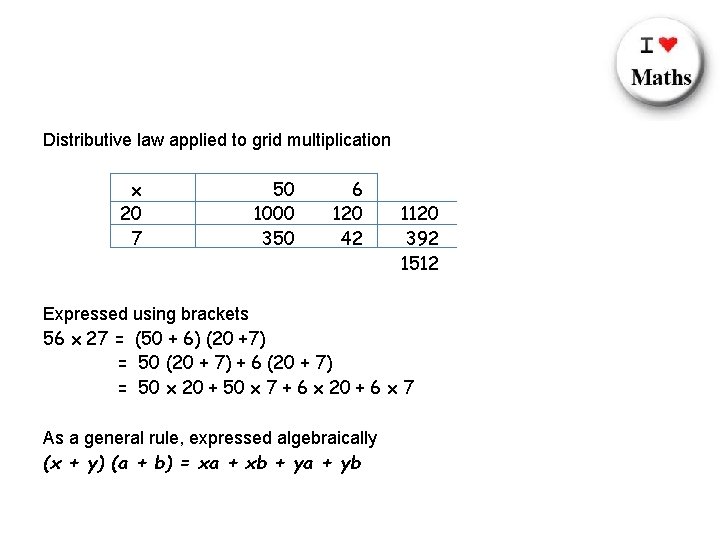 Distributive law applied to grid multiplication x 20 7 50 1000 350 6 120