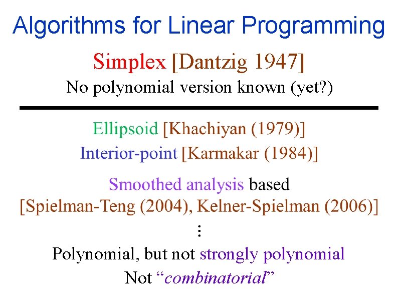 Algorithms for Linear Programming Simplex [Dantzig 1947] No polynomial version known (yet? ) Polynomial,
