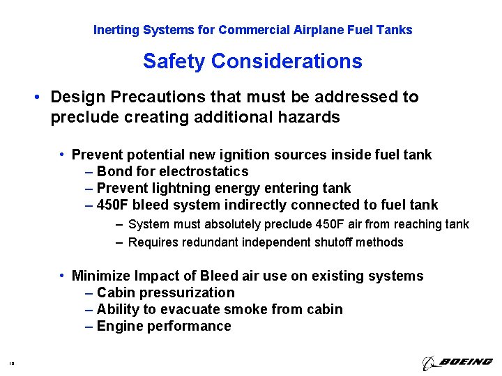 Inerting Systems for Commercial Airplane Fuel Tanks Safety Considerations • Design Precautions that must